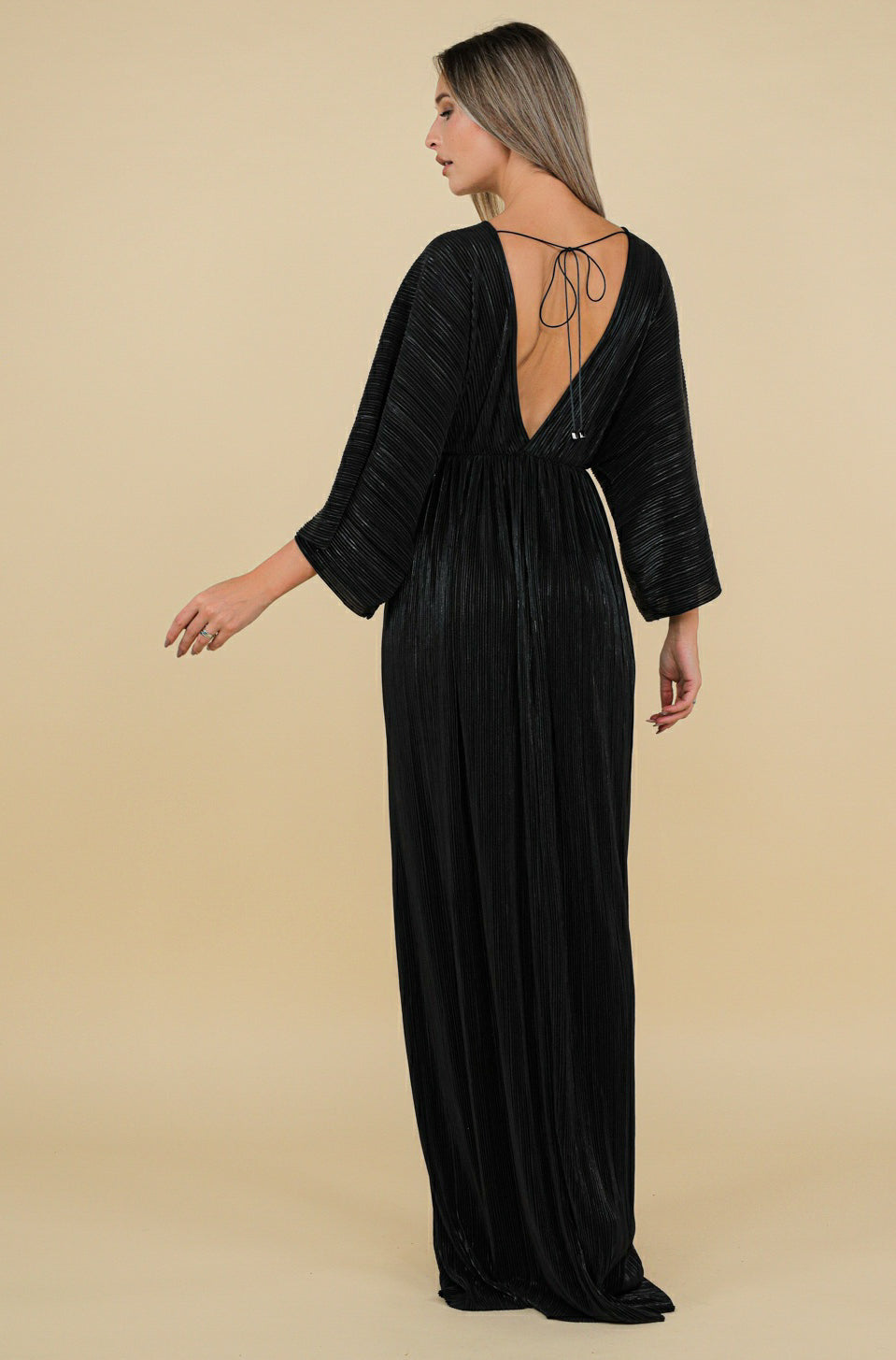 Athens Maxi Pleated Lurex Satin Dress In Black