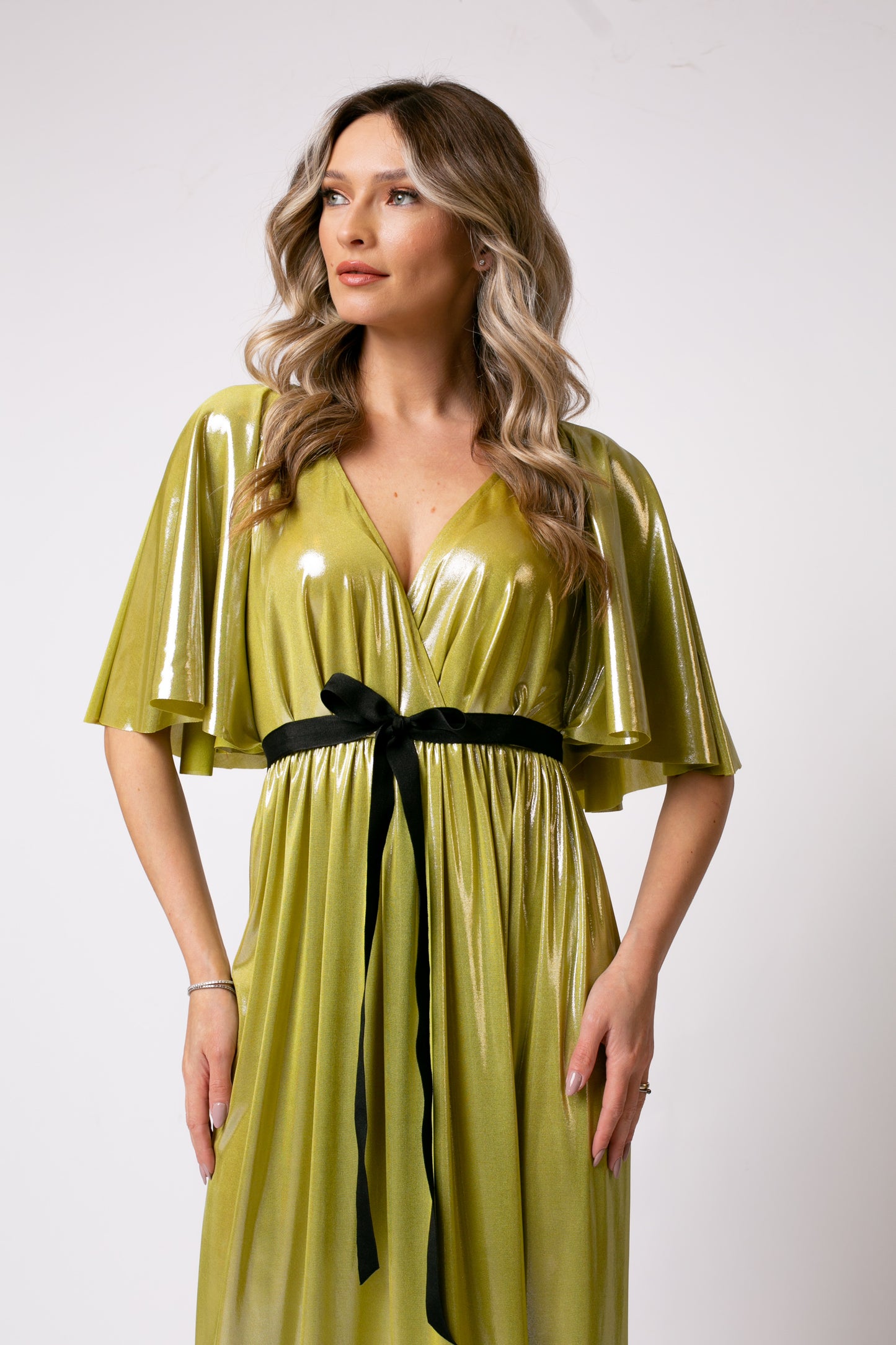 Florence Metallic Jersey Maxi Dress in Green
