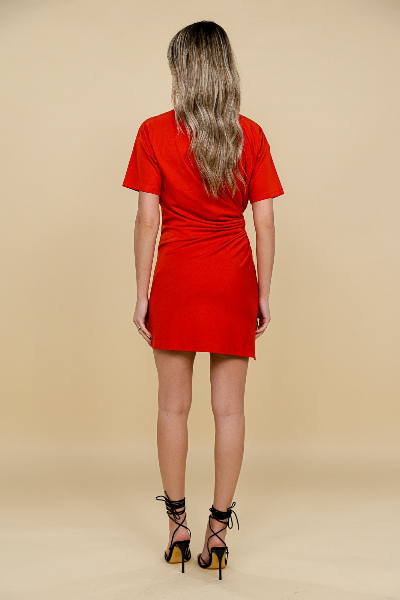 Carmen Mini Dress With Fixed Rosette Detail In Red