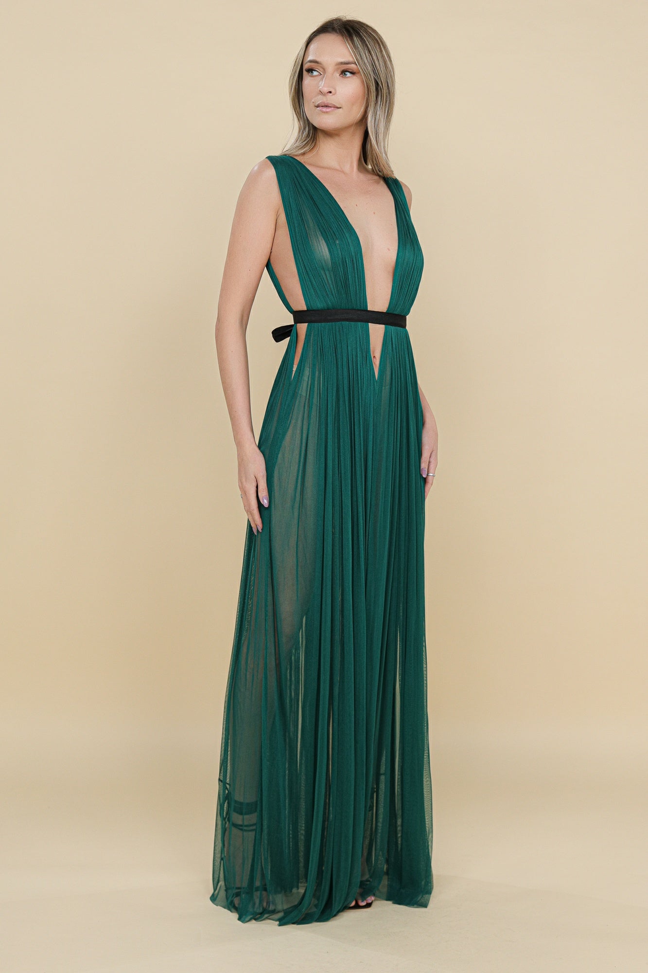 Santorini Cut Out Silk Tulle Dress in Dark Green