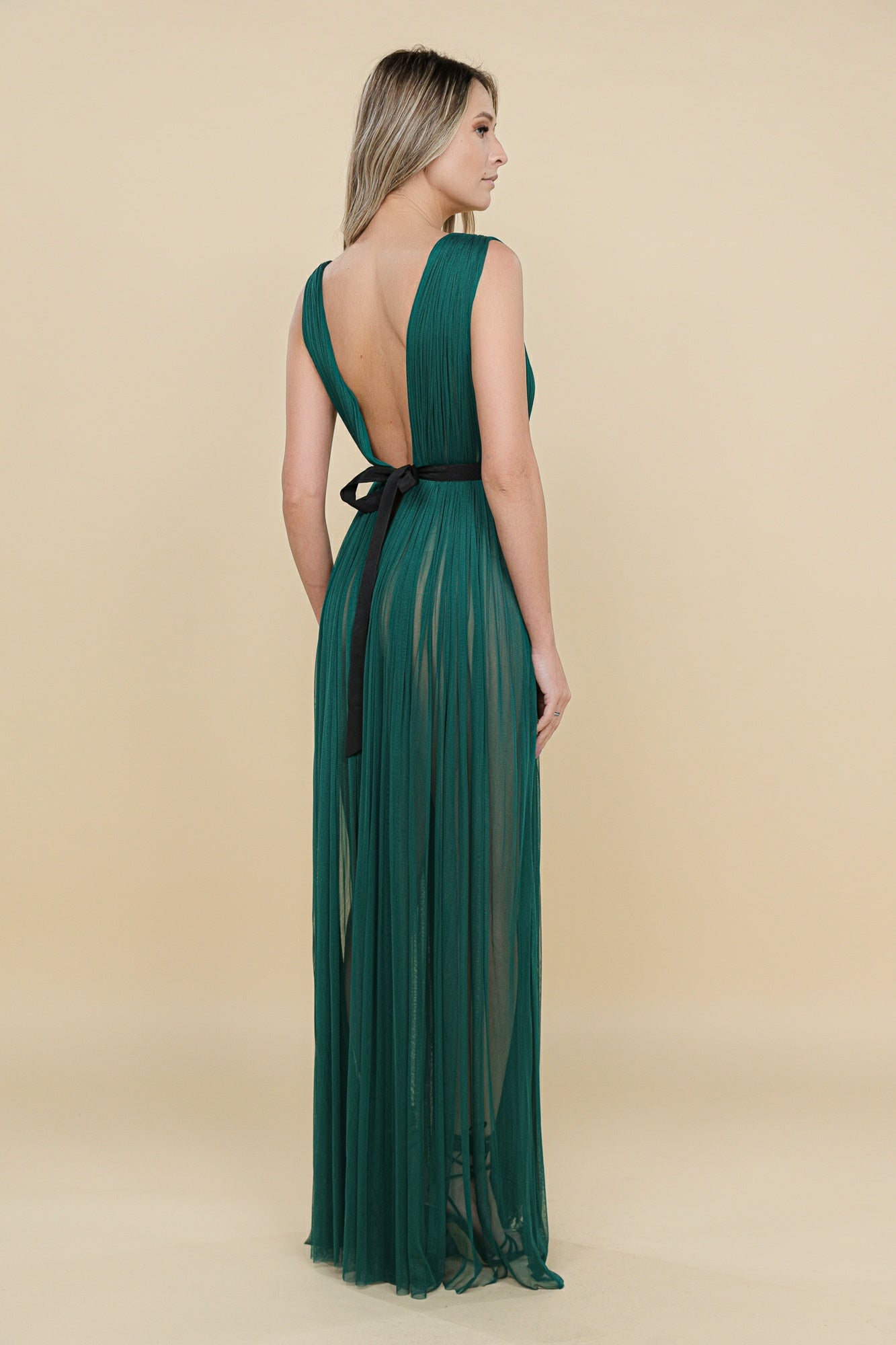 Santorini Cut Out Silk Tulle Dress in Dark Green