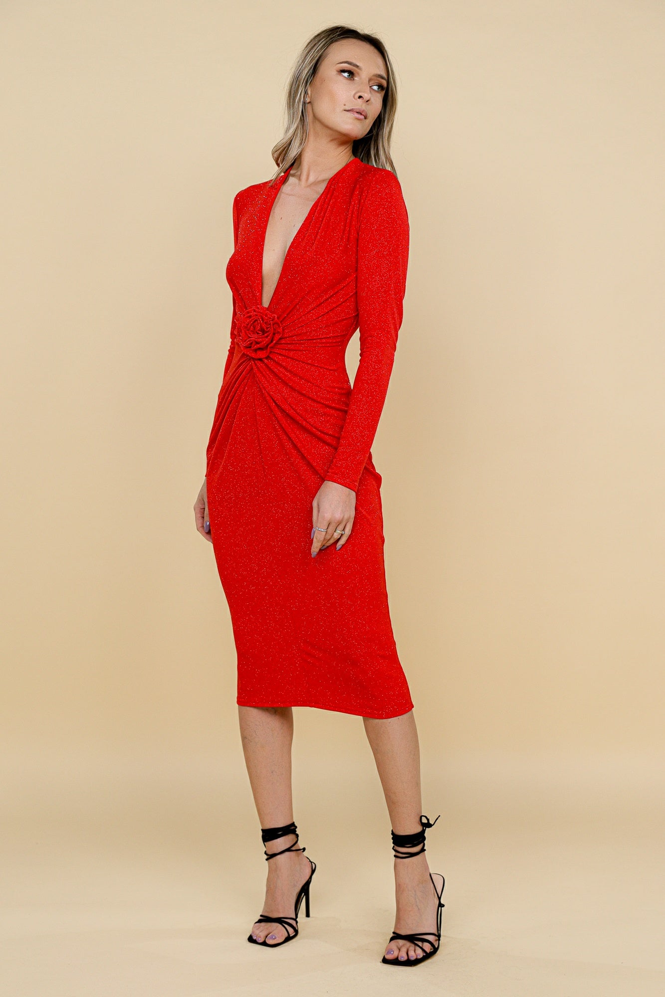 Mallorca Lurex Jersey Midi Dress in Red