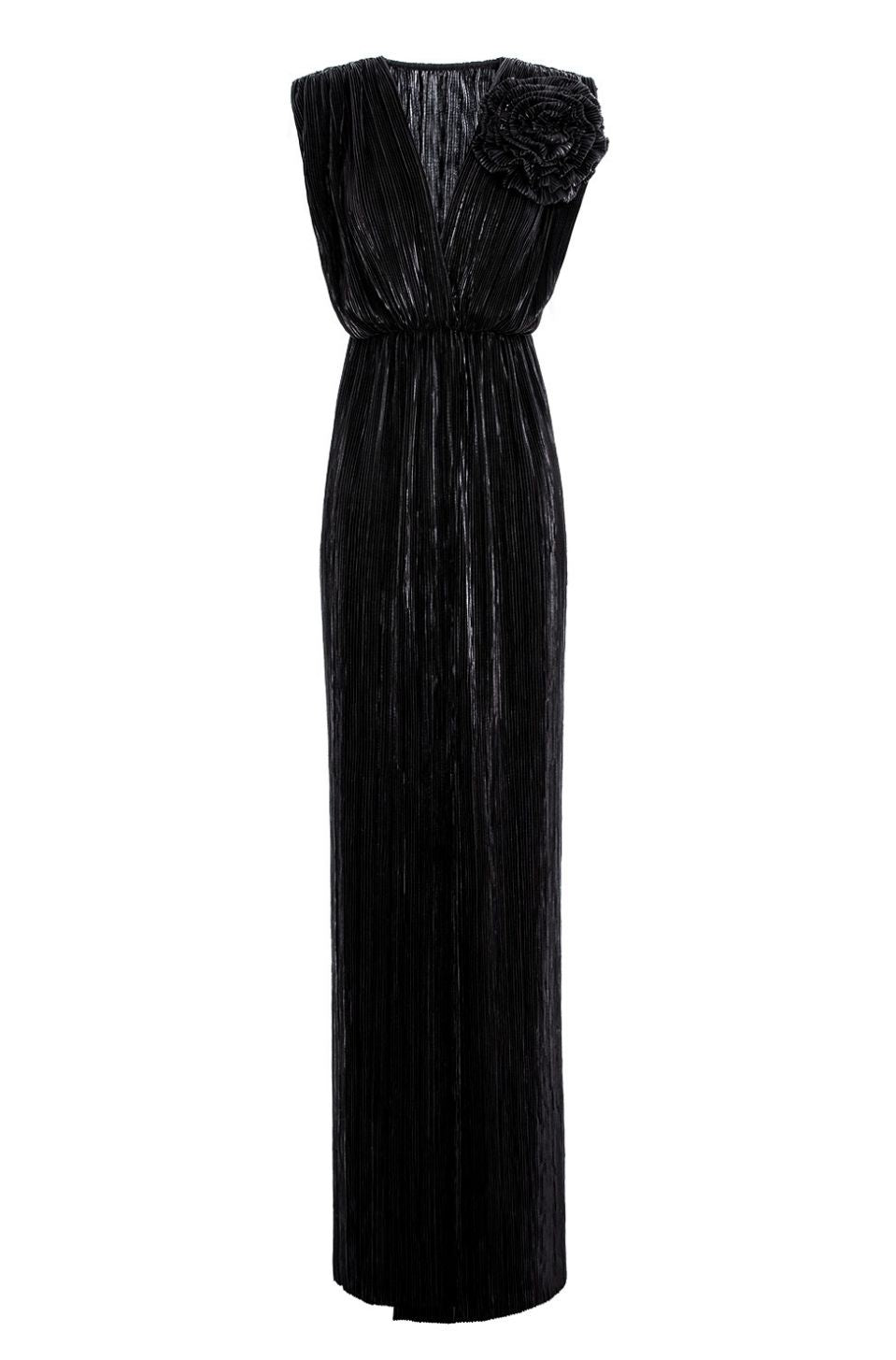 Sicily Maxi Pleated Lurex Satin Dress In Black
