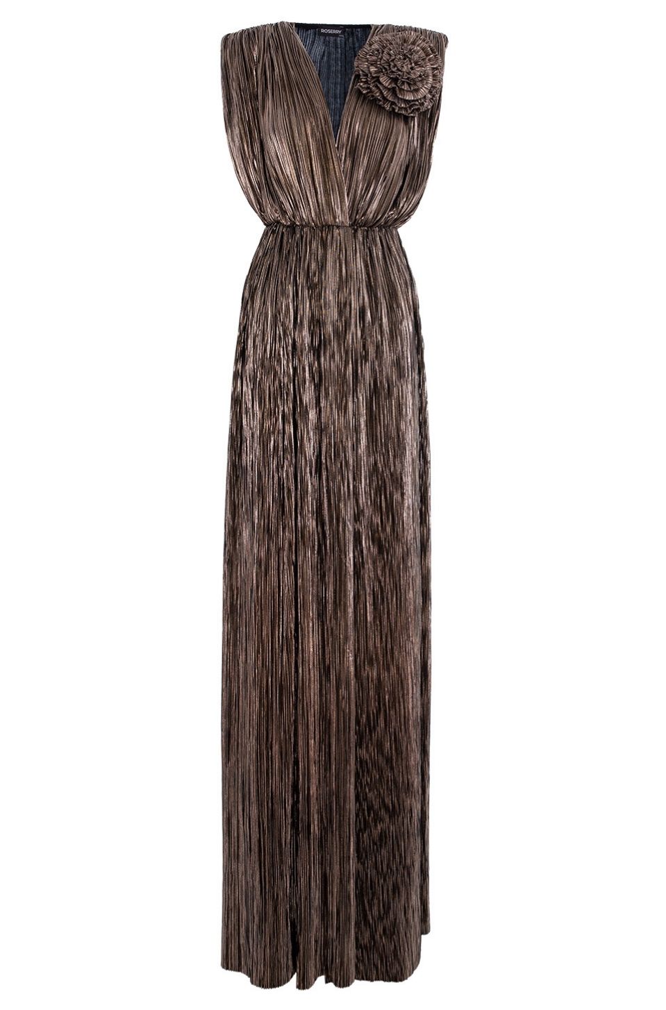 Sicily Maxi Pleated Lurex Satin Dress In Gold