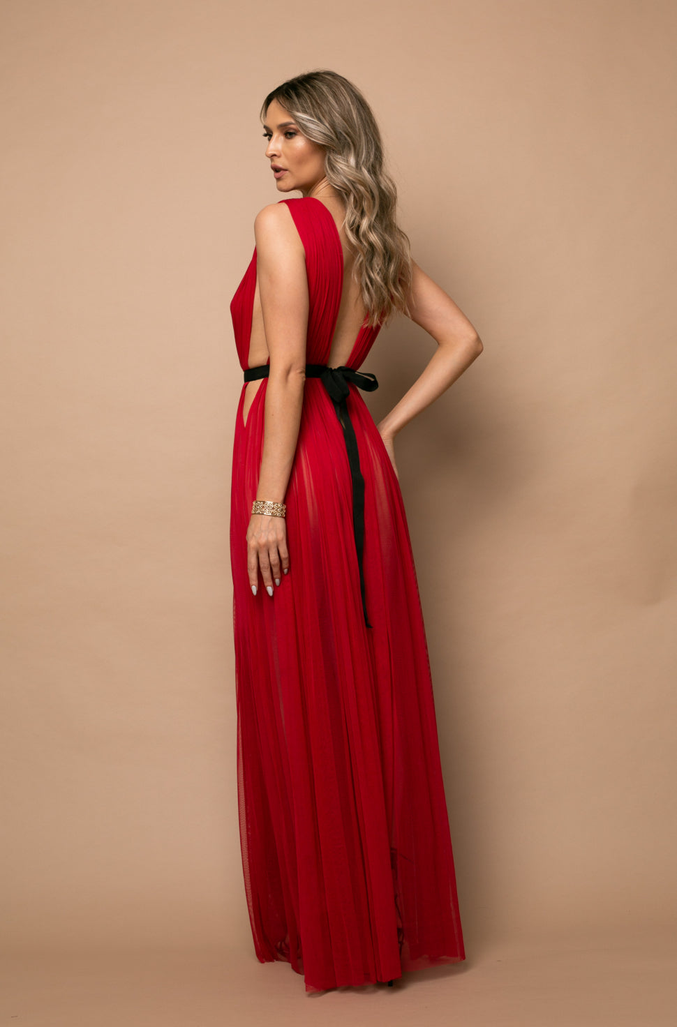 Santorini Cut Out Silk Tulle Dress in Red