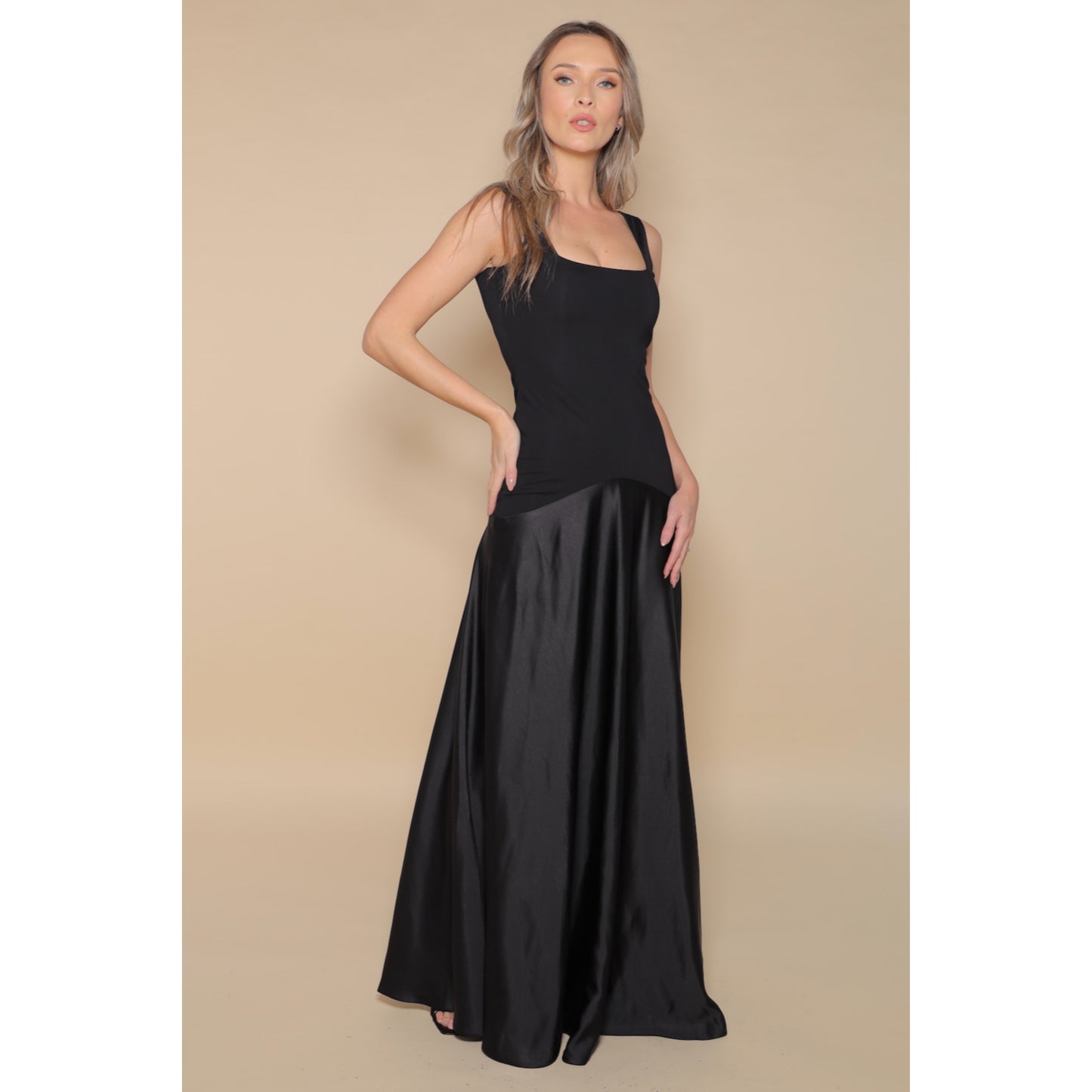 London Jersey Satin Maxi Dress In Black