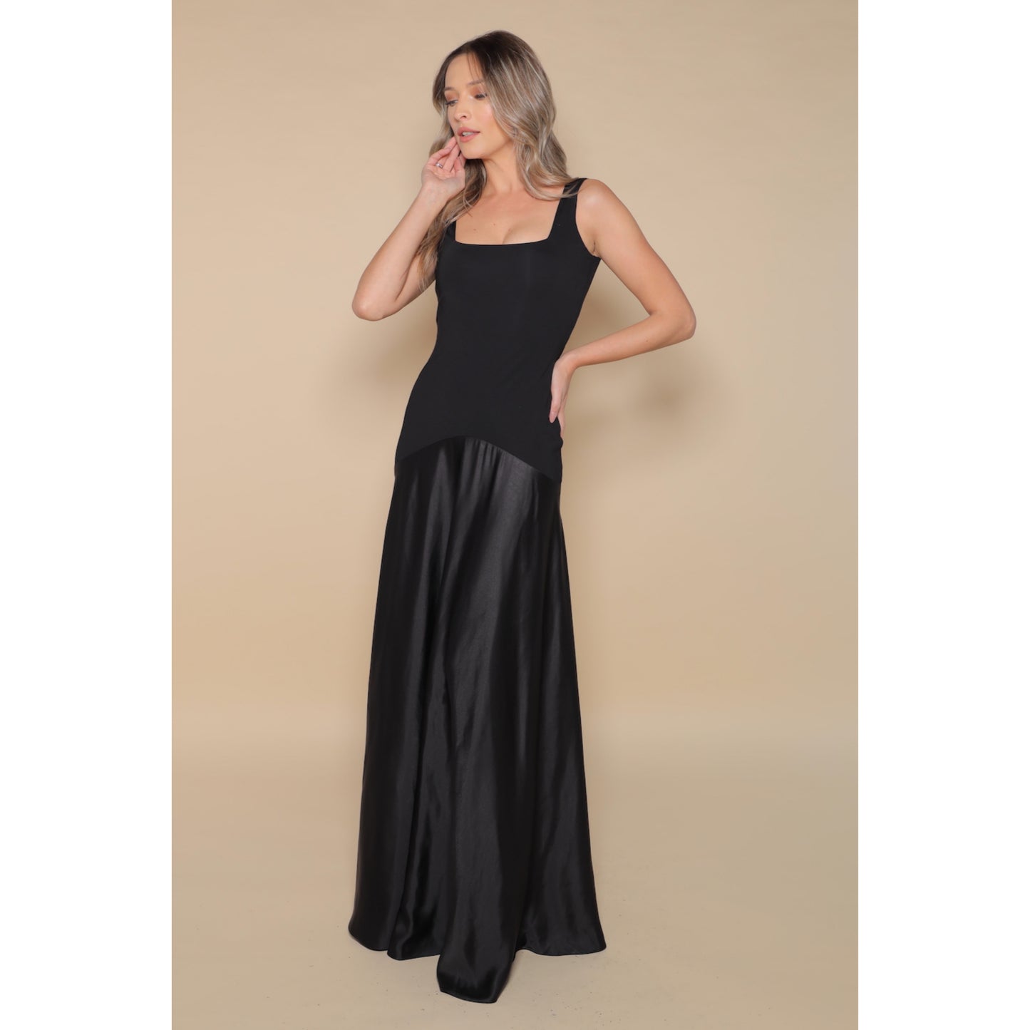 London Jersey Satin Maxi Dress In Black