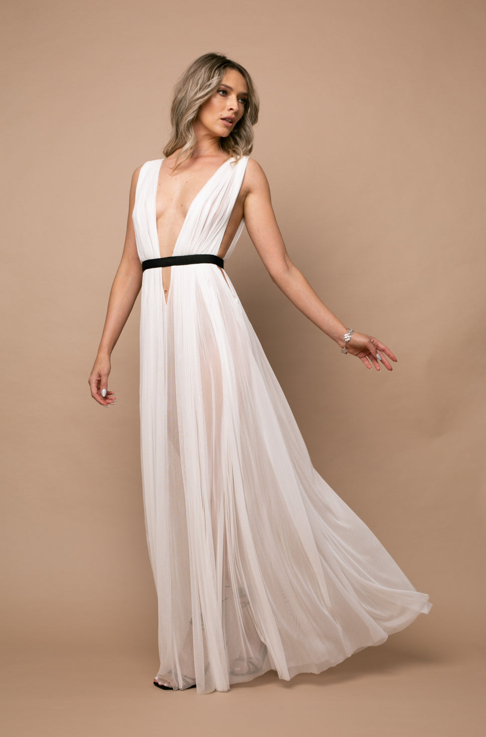 Santorini Cut Out Silk Tulle Dress in White