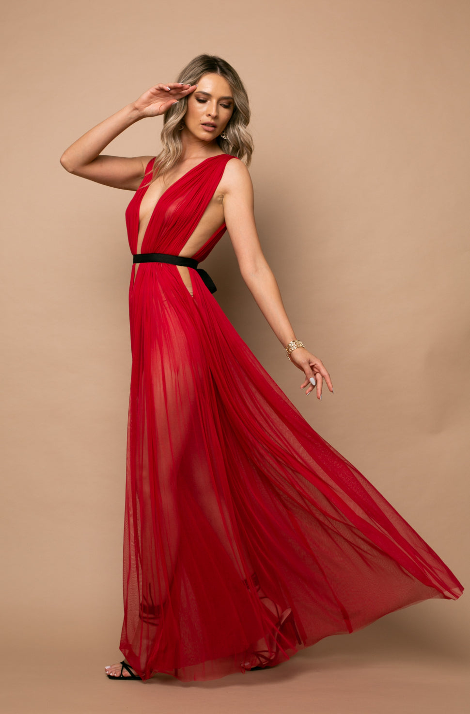Santorini Cut Out Silk Tulle Dress in Red