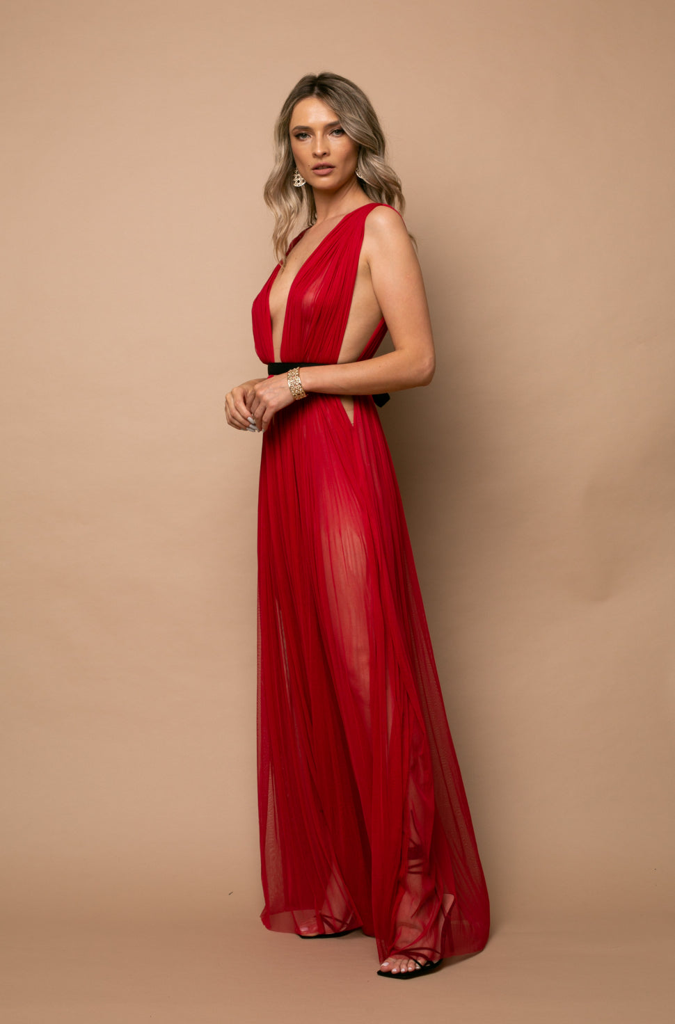 Santorini Cut Out Silk Tulle Dress in Red