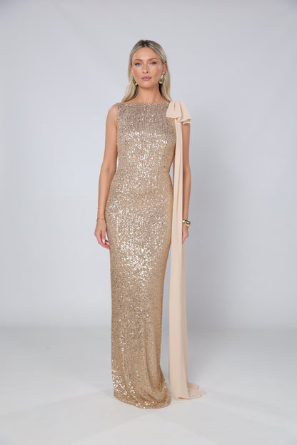 KYLIE BOW DETAILED SEQUIN GOLD