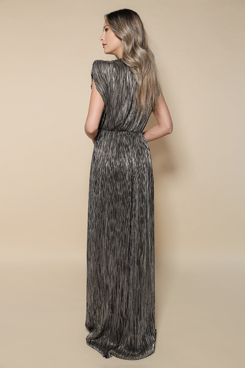 Sicily Maxi Pleated Lurex Satin Dress In Gold