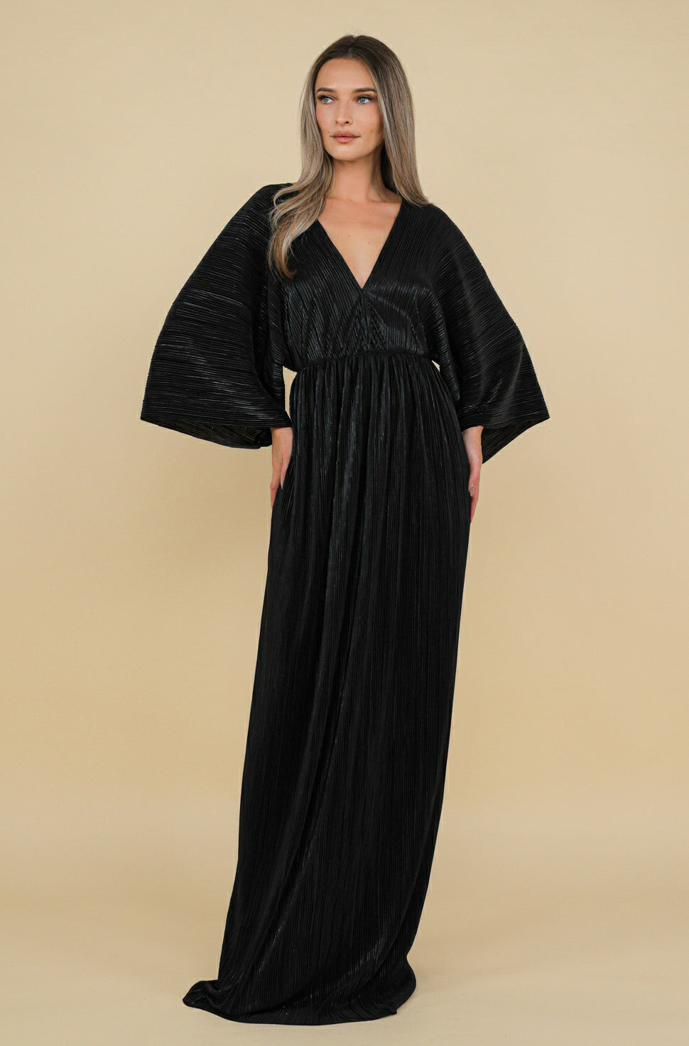 Athens Maxi Pleated Lurex Satin Dress In Black
