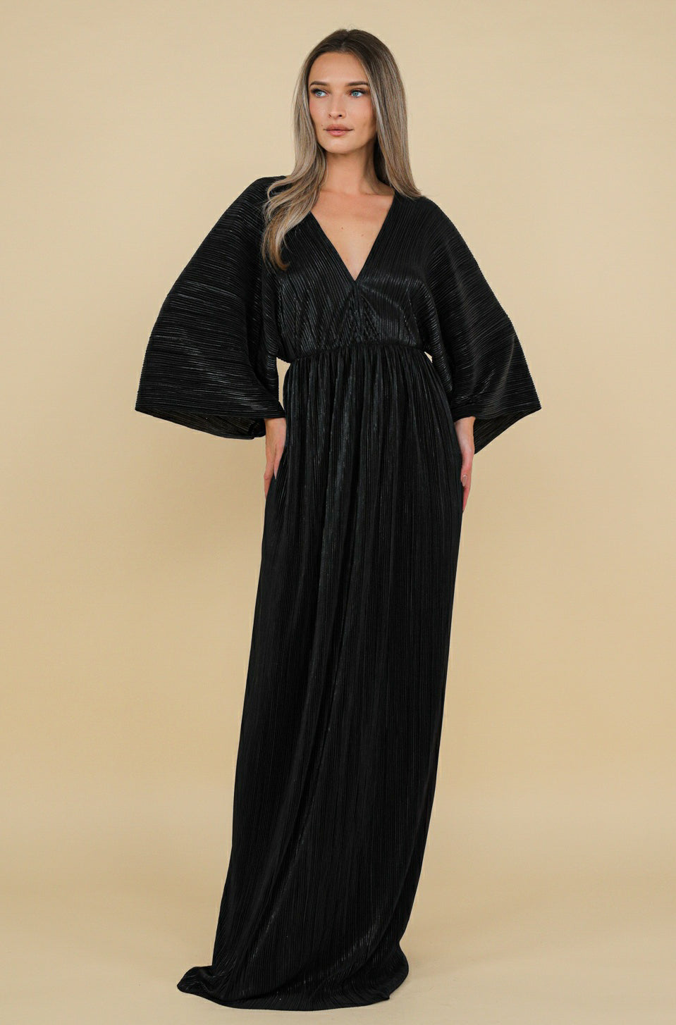 Athens Maxi Pleated Lurex Satin Dress In Black