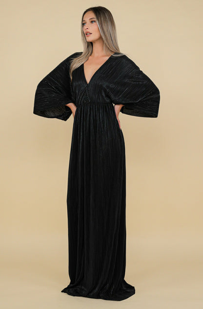 Athens Maxi Pleated Lurex Satin Dress In Black