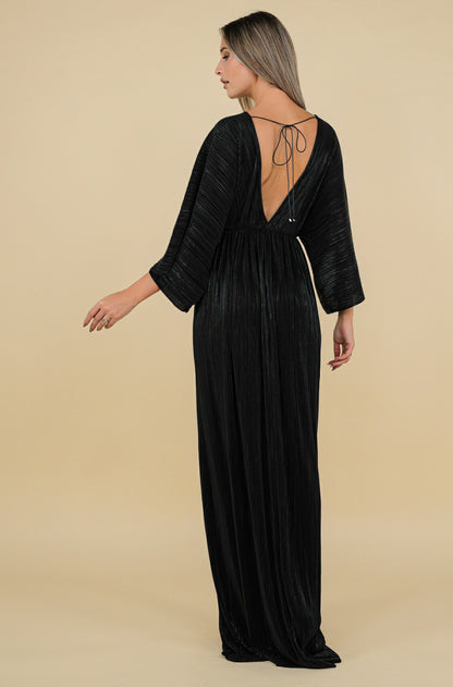 Athens Maxi Pleated Lurex Satin Dress In Black