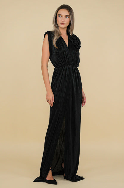 Sicily Maxi Pleated Lurex Satin Dress In Black