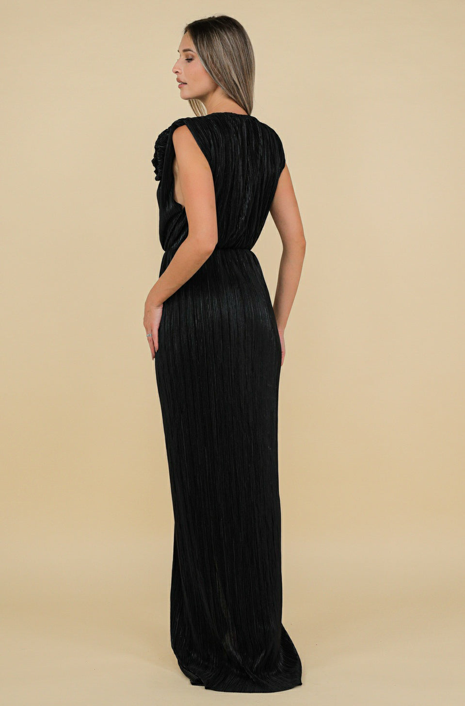 Sicily Maxi Pleated Lurex Satin Dress In Black