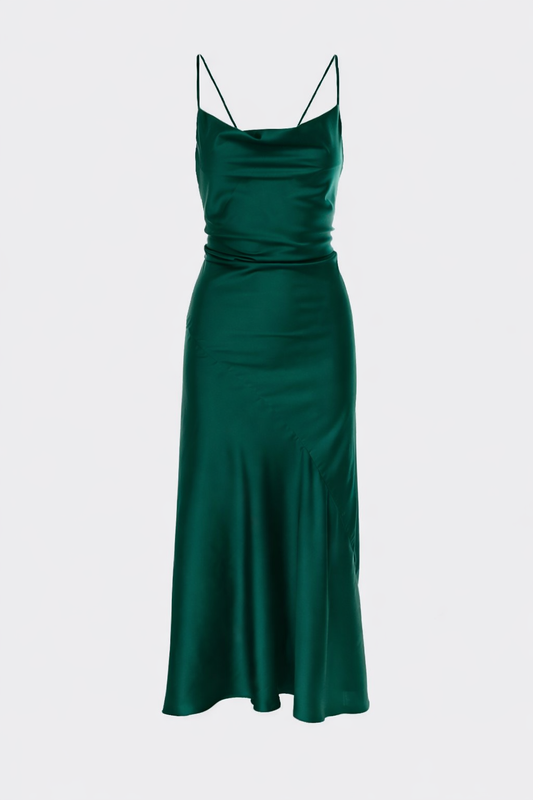 Tulum Satin Ankle Dress In Emerald Green