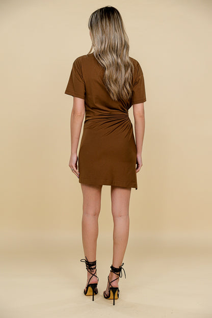 Carmen Mini Dress With Fixed Rosette Detail In Brown