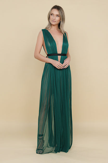 Santorini Cut Out Silk Tulle Dress in Dark Green
