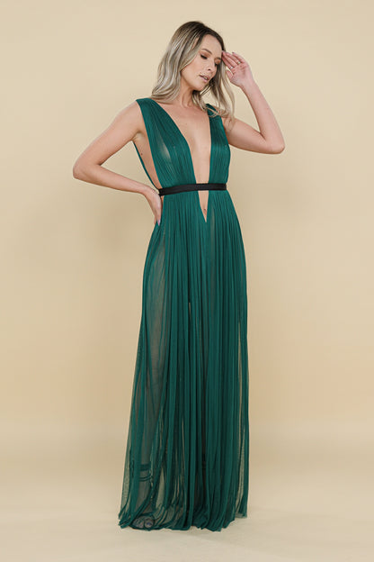 Santorini Cut Out Silk Tulle Dress in Dark Green