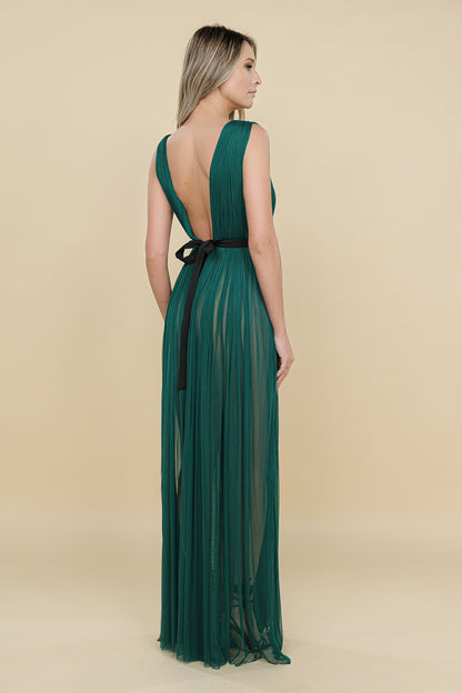 Santorini Cut Out Silk Tulle Dress in Dark Green
