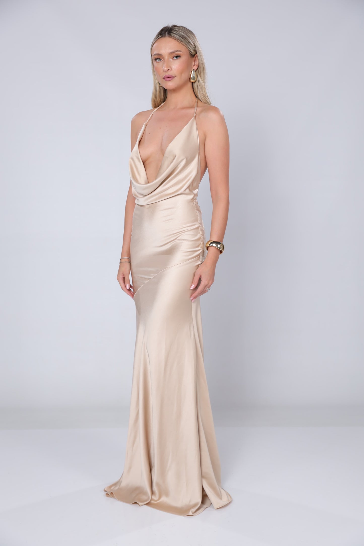 Ibiza Satin Maxi Dress In Beige