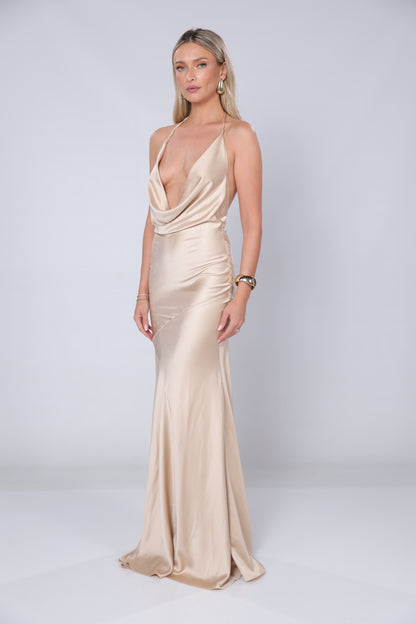 Ibiza Satin Maxi Dress In Beige