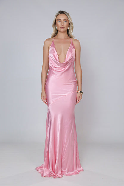 Ibiza Satin Maxi Dress In Pink