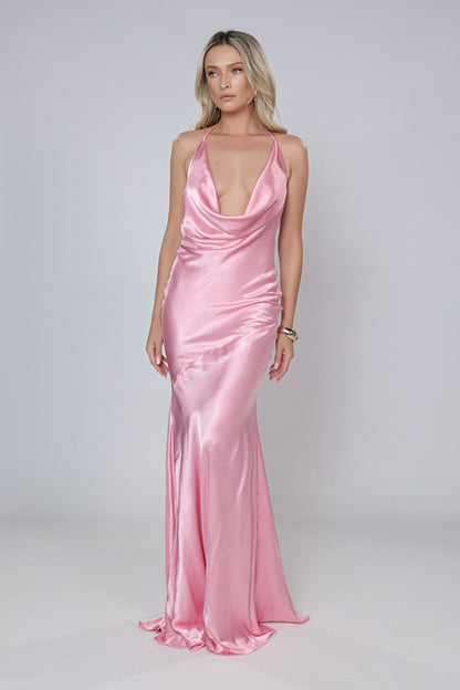 Ibiza Satin Maxi Dress In Pink