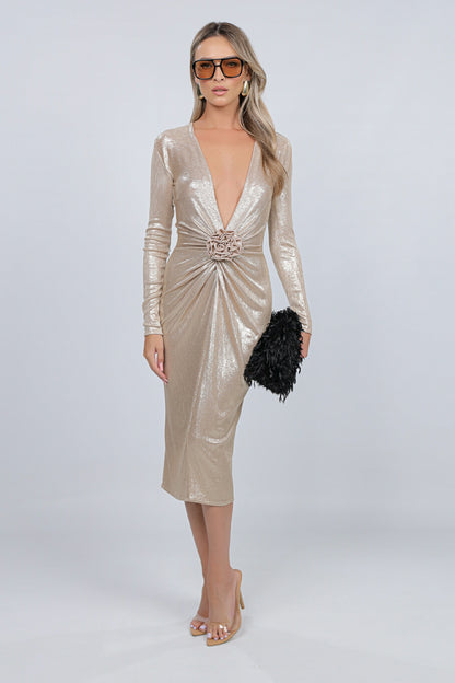 Mallorca Knit Jersey Midi Dress in  Gold