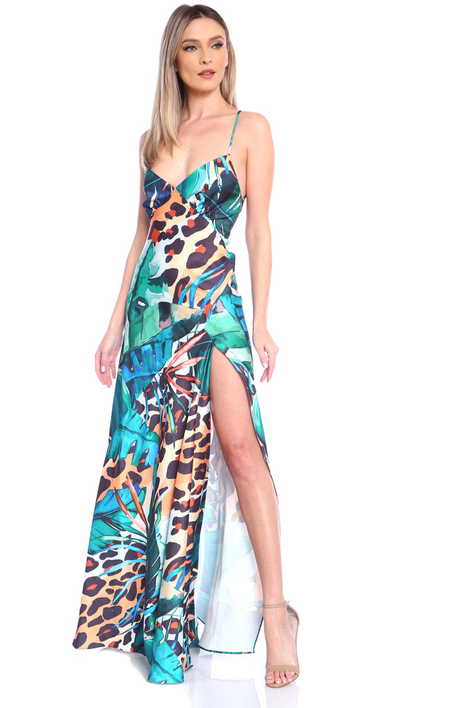 Seville Satin Gown in Amazon Print