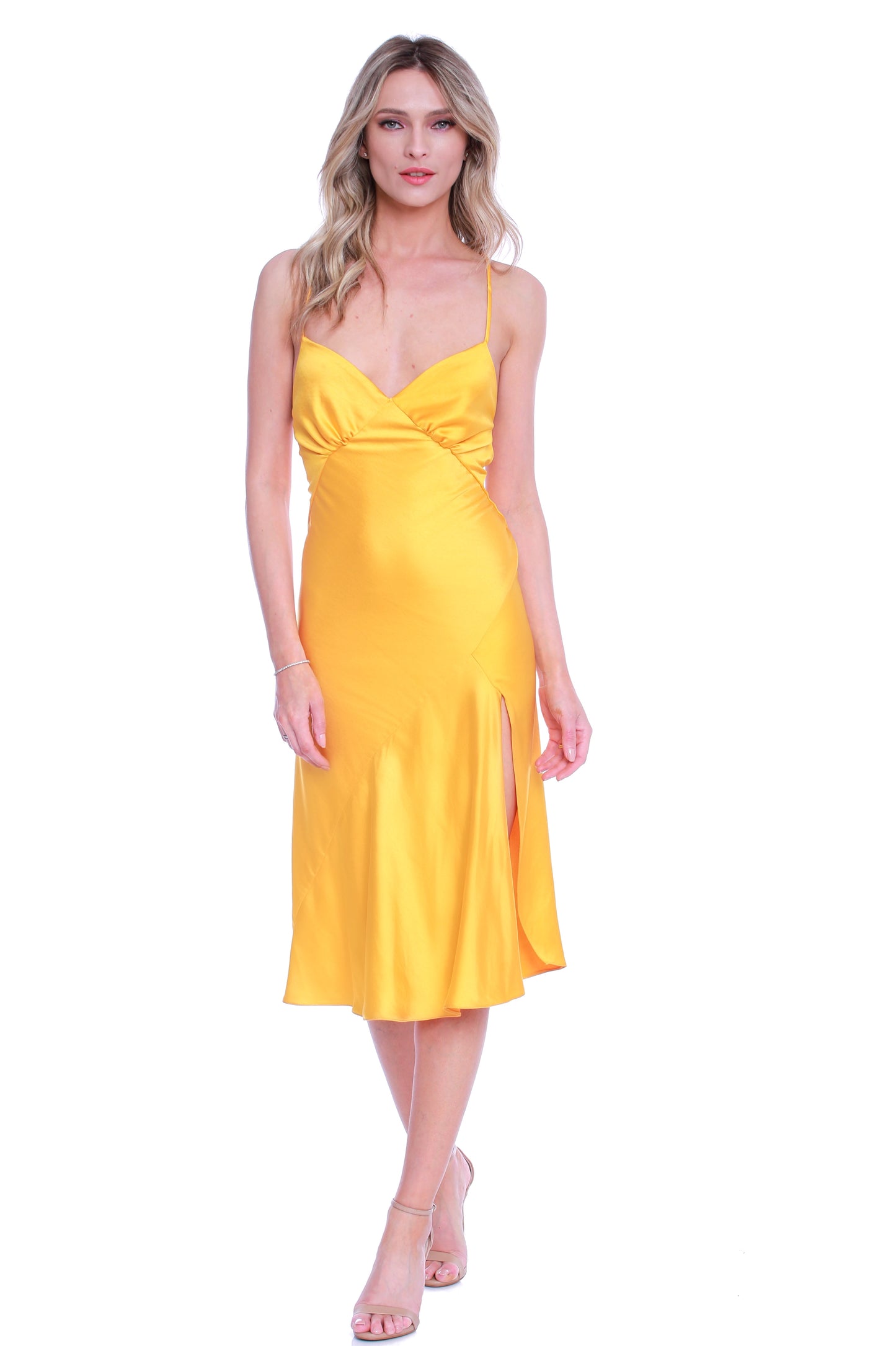 Seville Satin Midi Dress In Yellow