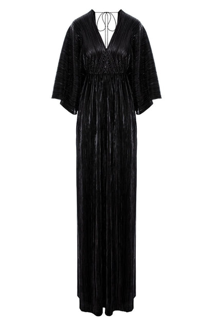 Athens Maxi Pleated Lurex Satin Dress In Black