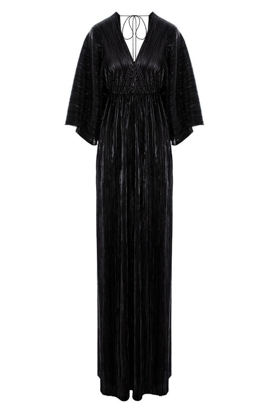 Athens Maxi Pleated Lurex Satin Dress In Black