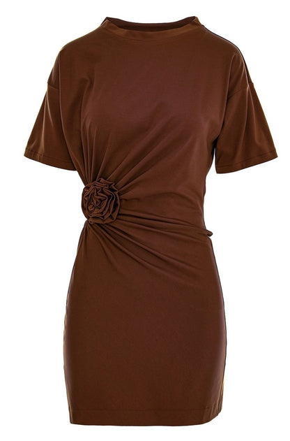 Carmen Mini Dress With Fixed Rosette Detail In Brown