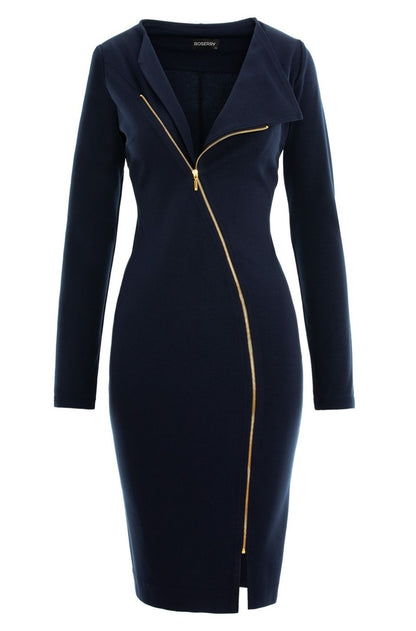 Chelsea Zipped Long SleevesJersey Midi Dress In Navy
