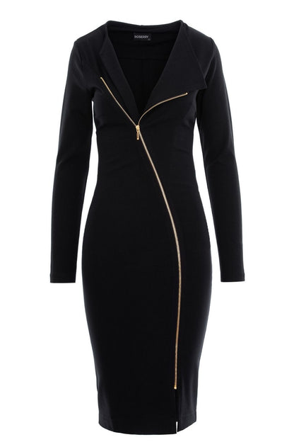 Chelsea Zipped Long Sleeves Jersey Midi Dress In Black