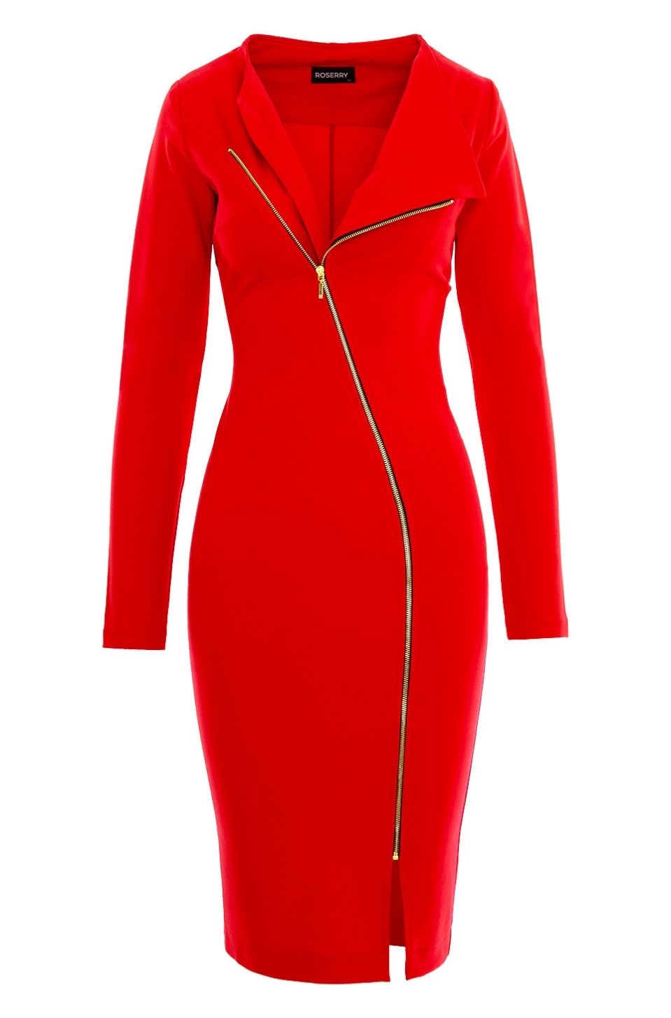 Chelsea Zipped Long Sleeves Jersey Midi Dress In Red