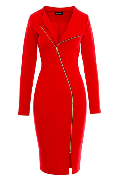 Chelsea Zipped Long Sleeves Jersey Midi Dress In Red