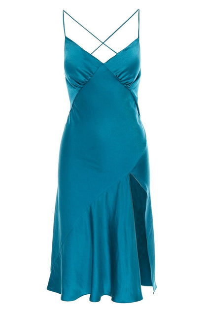 Seville Satin Midi Dress In Turquoise