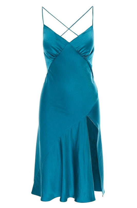 Seville Satin Midi Dress In Turquoise