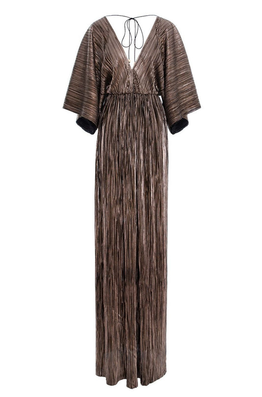 Athens Maxi Pleated Lurex Satin Dress In Gold
