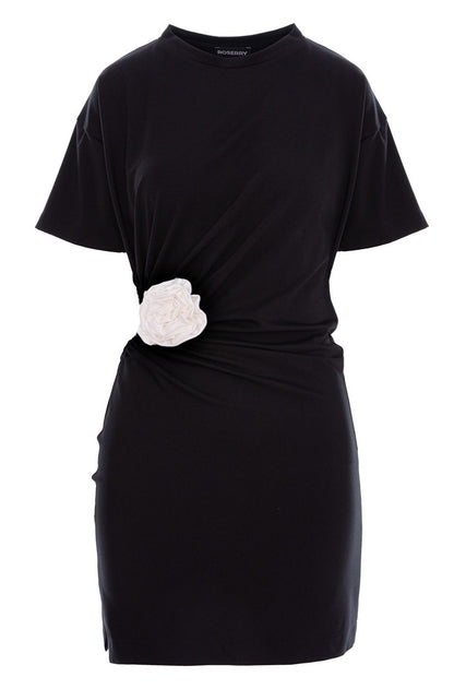 Carmen Mini Dress With Fixed Rosette Detail In Black