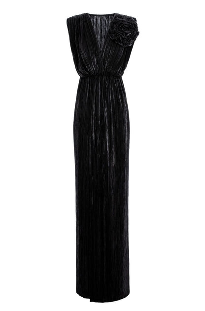 Sicily Maxi Pleated Lurex Satin Dress In Black