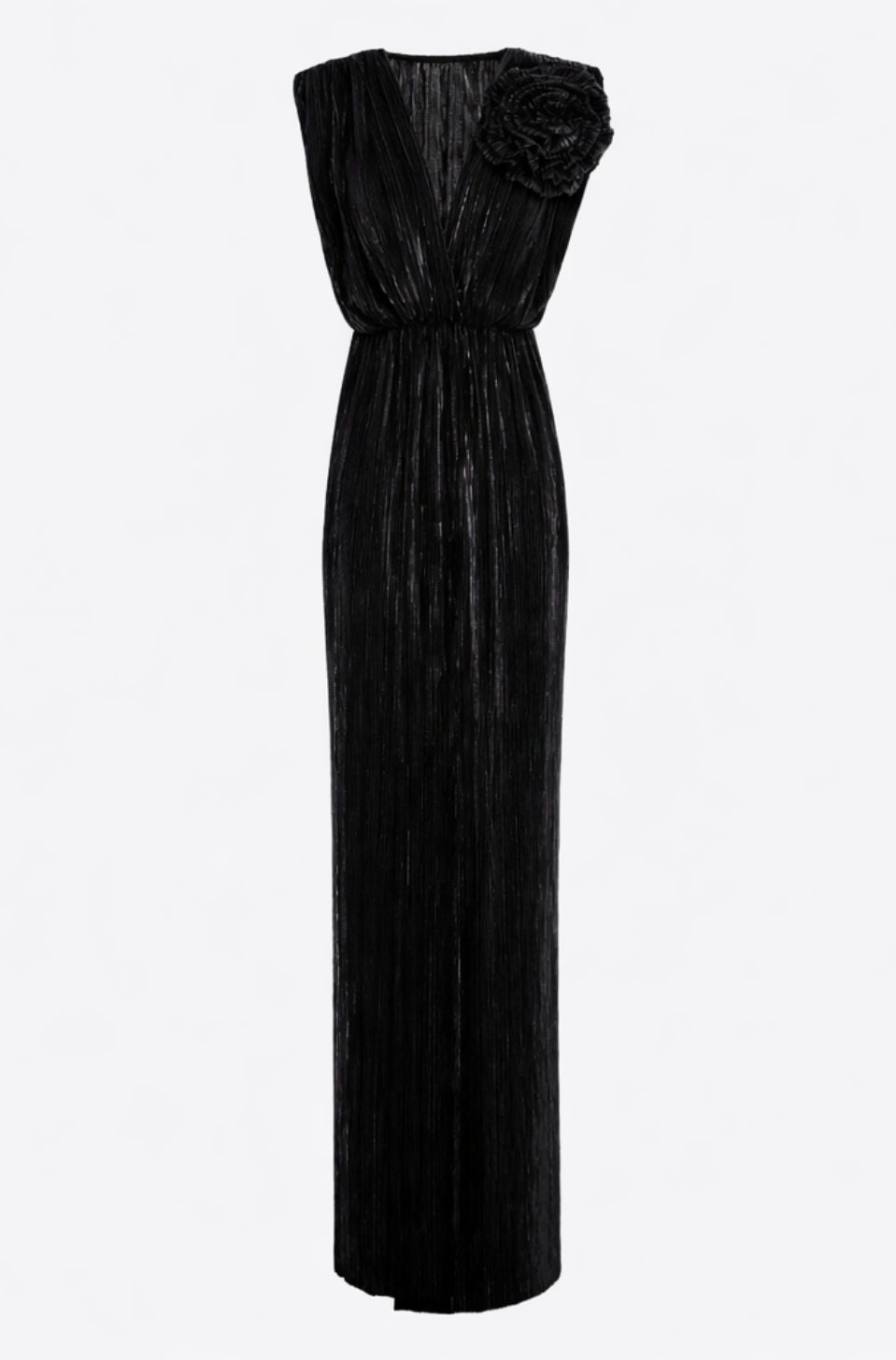 Sicily Maxi Pleated Lurex Satin Dress In Black