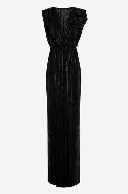 Sicily Maxi Pleated Lurex Satin Dress In Black