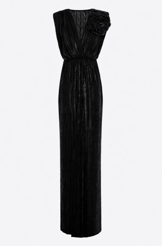Sicily Maxi Pleated Lurex Satin Dress In Black