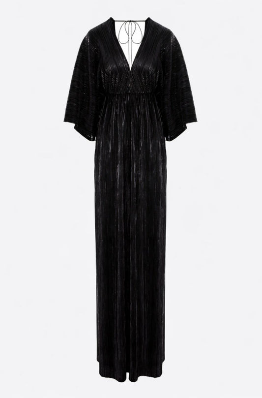 Athens Maxi Pleated Lurex Satin Dress In Black